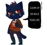  anthro beverage cat clothed clothing dialogue english_text feline female frown looking_away mae_(nitw) mammal night_in_the_woods red_eyes slightly_chubby soda solo text whiskers zsloth 