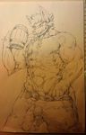  alcohol anthro beverage bulge canine clothed clothing cup geppei5959 looking_at_viewer male mammal muscular smile solo standing topless traditional_media_(artwork) 