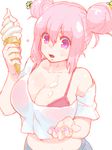  berino_bottsu bikini_top breasts crop_top crop_top_overhang double_bun food ice_cream ice_cream_cone iwaya large_breasts melting midriff open_mouth original pink_eyes pink_hair solo swimsuit swimsuit_under_clothes 