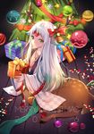  2016 antlers bell bow box centauroid christmas_lights christmas_ornaments christmas_tree collarbone gift green_eyes holding holding_box holly indoors jewelry ju_topia looking_at_viewer male_focus merry_christmas monster_boy necklace onmyoji ornament red_bow shishio_(onmyoji) sitting snowflakes solo star twitter_username white_hair wide_sleeves 