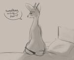  anthro antlers bed cervine clothed clothing deer dialogue disney fan_character female horn looking_back mammal monochrome nobody_(artist) pack_street panties partially_clothed pillow sitting solo speech_bubble text topless underwear velvet_roe_(weaver) zootopia 