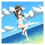  1girl absurdres aposine arm_up barefoot beach bikini breasts brown_hair cloud day feet highres long_hair navel ocean open_mouth partially_submerged pokemon pokemon_(game) pokemon_bw ponytail side-tie_bikini sky small_breasts smile solo touko_(pokemon) white_bikini 