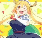  ;d black_dress blonde_hair blush breasts dragon_girl dragon_horns dragon_tail dress elbow_gloves fangs frills gloves hair_between_eyes horns kobayashi-san_chi_no_maidragon large_breasts long_hair looking_at_viewer maid maid_headdress necktie one_eye_closed open_mouth orange_eyes puffy_short_sleeves puffy_sleeves red_neckwear scales short_sleeves slit_pupils smile solo tail tomato_(lsj44867) tooru_(maidragon) twintails white_gloves yellow_background 