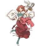  brown_eyes brown_hair eyebrows_visible_through_hair hakama hara_kazuhiro holding japanese_clothes kimono leg_up log_horizon miko minori_(log_horizon) official_art open_mouth pink_ribbon red_hakama ribbon short_hair simple_background solo staff standing white_background 