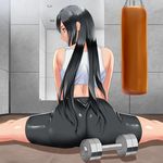  ass bare_arms bare_shoulders bike_shorts black_eyes black_hair commentary_request dumbbell final_fantasy final_fantasy_vii flexible from_behind highres long_hair parted_lips profile sandbag solo spread_legs suuitchi tank_top tifa_lockhart 