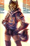  bulge canine cheetahpaws clothing english_text front_view hand_in_pocket hand_on_hip looking_at_viewer male mammal naughty_face shorts solo standing text tight_clothing wolf 