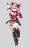  armor armored_boots berino_bottsu bike_shorts boots braid breasts cleavage commentary_request full_body gloves iwaya large_breasts original pink_eyes pink_hair solo twin_braids 