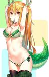  adjusting_hair armpits arms_behind_head arms_up bangs bare_shoulders blonde_hair blush bow bow_bra bow_panties bra breasts brown_legwear cleavage closed_mouth collarbone cowboy_shot dragon_girl dragon_horns dragon_tail eyebrows_visible_through_hair gradient gradient_eyes gradient_hair green_bra green_panties green_skirt groin hair_between_eyes hands_in_hair highres horns kaerunoko kobayashi-san_chi_no_maidragon lace lace-trimmed_bra lace_trim large_breasts legs_together long_hair looking_at_viewer medium_breasts midriff miniskirt mouth_hold multicolored multicolored_eyes multicolored_hair navel orange_eyes orange_hair panties pleated_skirt scales side-tie_panties sidelocks skirt skirt_pull solo stomach string_panties tail tooru_(maidragon) twintails tying_hair underwear very_long_hair yellow_bow yellow_eyes 