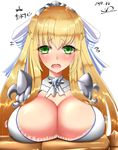  2017 blonde_hair blush breast_rest breasts bursting_breasts cendrillion_(wonderland_wars) cleavage dated flying_sweatdrops green_eyes highres huge_breasts long_hair looking_at_viewer open_mouth simple_background solo wavy_mouth white_background wonderland_wars ziran 