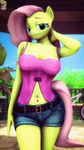  2017 3d_(artwork) anthro belly breasts clothing digital_media_(artwork) equine female fluttershy_(mlp) friendship_is_magic gbrushandpaint green_eyes hair hi_res horse invalid_tag jeans looking_at_viewer mammal my_little_pony pants park pony portrait smile solo solo_focus source_filmmaker standing 