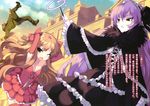  2girls black_dress breasts brown_eyes brown_hair character_request cleavage collarbone day dress elbow_gloves gloves gothic_lolita green_eyes highres holding lolita_fashion long_hair louise_francoise_le_blanc_de_la_valliere magic multiple_girls novel_illustration official_art open_mouth outdoors purple_hair red_dress red_gloves red_legwear small_breasts thighhighs usatsuka_eiji zero_no_tsukaima 