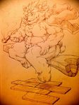  anthro canine clothed clothing geppei5959 male mammal muscular overweight pipe sitting smile smoke solo topless traditional_media_(artwork) 