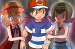  2girls ? black_hair blonde_hair blue_eyes blue_hair blue_sailor_collar bright_pupils brown_hair hat multiple_girls pokemon pokemon_(anime) pokemon_sm_(anime) pokemon_xy_(anime) sailor_collar satoshi_(pokemon) serena_(pokemon) shilfy_yo short_hair siblings sleeveless_duster smile spoken_question_mark suiren_(pokemon) white_pupils yandere 