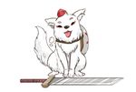  chamaji chibiterasu facial_mark fangs full_body hat heavy_breathing inubashiri_momiji no_humans ookamiden red_hat shield simple_background solo sword tokin_hat tongue tongue_out touhou weapon white_background white_fur wolf wolf_cub 