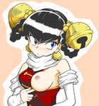  bad_id bad_pixiv_id bangs bare_shoulders bell bell_earrings black_hair blue_eyes blush braid breasts china_dress chinese_clothes detached_sleeves dress earrings hair_ornament jewelry lin_lin_(one-punch_man) looking_away nipples no_bra one-punch_man one_breast_out pink_background scarf shiny shiny_hair simple_background solo twin_braids upper_body 