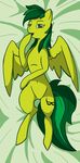  bed bedroom_eyes cutie_mark equine feathers female fur green_eyes green_hair hair half-closed_eyes half-closes_eyes horse looking_at_viewer lying lying_on_bed mammal my_little_pony on_back on_bed open_mouth pick_pocket pony seductive smile solo wings yellow_fur 