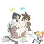  1girl ^_^ after_sex bangs black_hair bottomless brown_hair chip-tooth cleaning closed_eyes commentary cyborg genji_(overwatch) happy highres laughing messy_room open_mouth overwatch short_hair simple_background sitting smile tissue tissue_box tracer_(overwatch) white_background 