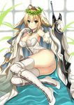  aestus_estus ahoge ass bare_shoulders belt_buckle blonde_hair blurry blurry_background boots breasts bridal_veil buckle chain cleavage closed_mouth detached_collar detached_sleeves elbow_gloves fate/extra fate/extra_ccc fate_(series) full_body gloves green_eyes hair_intakes hand_on_own_face harimoji head_wreath high_heels highres holding holding_sword holding_weapon leaf leg_belt legs legs_together leotard lock long_legs looking_at_viewer medium_breasts nero_claudius_(bride)_(fate) nero_claudius_(fate)_(all) padlock shiny shiny_skin short_hair sitting smile solo strapless strapless_leotard sword tareme thigh_boots thighhighs thighs twisted_torso unsheathed veil weapon white_footwear white_gloves white_legwear white_leotard white_sleeves yokozuwari zipper 