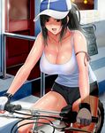  :d alternate_hairstyle arm_ribbon bare_shoulders baseball_cap bicycle black_hair breasts brown_eyes cleavage collarbone commentary_request covered_nipples door final_fantasy final_fantasy_vii fingerless_gloves gloves ground_vehicle hat highres large_breasts long_hair open_mouth outdoors ponytail red_ribbon ribbon see-through short_shorts shorts sidelocks smile solo suuitchi sweat tank_top tifa_lockhart white_gloves white_tank_top 