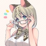  adjusting_eyewear alternate_color alternate_eyewear animal_ears aqua_eyes cat_ears commentary_request glasses grey-framed_eyewear holding kemono_friends looking_at_viewer margay_(kemono_friends) margay_print senmen_kinuko short_hair silver_hair solo striped striped_background 