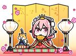  :&gt; :3 animal cat cherry_blossoms chibi clothed_animal commentary_request fan folding_screen hair_ornament hat headphones hinamatsuri japanese_clothes kneeling low_ponytail minoa_(lastswallow) nitroplus paper_fan pink_hair ponytail red_eyes saishi striped super_sonico tail tate_eboshi 