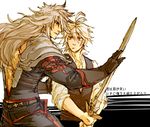  ahoge armor balmung_(fate/apocrypha) commentary_request dark_skin dark_skinned_male fate/apocrypha fate_(series) gauntlets long_hair male_focus mine_(odasol) multiple_boys open_mouth red_eyes sieg_(fate/apocrypha) siegfried_(fate) sword weapon 