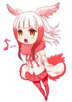  :o bangs bird_tail blunt_bangs blush_stickers eighth_note eyebrows_visible_through_hair frilled_sleeves frills full_body head_wings hirose_(mokiki) japanese_crested_ibis_(kemono_friends) kemono_friends long_sleeves medium_hair multicolored_hair music musical_note open_mouth pantyhose pink pleated_skirt red_legwear red_skirt shirt sidelocks silver_hair simple_background singing skirt sleeves_past_wrists solo two-tone_hair white_background white_shirt yellow_eyes 