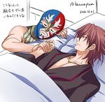  2boys bed bedside casual closed_eyes dated gran_(granblue_fantasy) granblue_fantasy hair_down holding_hands jewelry kanna_(plum) looking_at_another luchador_mask male_focus multiple_boys necklace percival_(granblue_fantasy) red_hair twitter_username under_covers wrestler_(granblue_fantasy) 