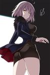  ass bangs black_dress breasts coat cowboy_shot dress eyebrows_visible_through_hair fate/grand_order fate_(series) fur-trimmed_coat fur_trim grey_hair grin hair_between_eyes heart jeanne_d'arc_(alter)_(fate) jeanne_d'arc_(fate)_(all) looking_at_viewer looking_back medium_breasts oota_yuuichi panties parted_lips shade short_dress short_hair smile solo speech_bubble spoken_heart teeth thighs translated underwear wicked_dragon_witch_ver._shinjuku_1999 yellow_eyes 
