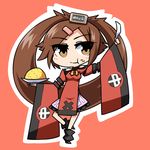  bare_shoulders boots breasts brown_eyes brown_hair china_dress chinese_clothes detached_sleeves dress food fried_rice guilty_gear hair_ornament hairclip highres kidoriyacats kuradoberi_jam large_breasts long_hair skirt smile solo very_long_hair 