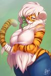  2017 5_fingers anthro big_breasts braided_hair breasts buxbi buxbi_(character) clothed clothing feline female fur hair looking_at_viewer mammal midriff nipple_piercing nipples orange_fur piercing signature slightly_chubby solo standing stripes thick_thighs tiger translucent transparent_clothing url voluptuous watermark wet_clothing white_hair wide_hips yellow_eyes 