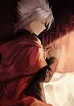  amakusa_shirou_(fate) cape closed_eyes closed_mouth dark_skin dark_skinned_male earrings fate/apocrypha fate_(series) hands_clasped jewelry light_particles long_sleeves male_focus necklace own_hands_together praying profile red_cape solo spiked_hair sunlight white_hair wowishi 