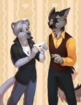  anthro canine clothed clothing duo foss fur hair hvost male mammal open_mouth simple_background smile standing 