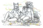  anthro canine clothed clothing dragon duo eastern_dragon food hvost kneeling male mammal picnic sitting sketch smoke vape_pen 