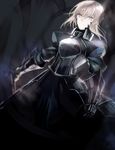  armor armored_dress artoria_pendragon_(all) black_dress blonde_hair closed_mouth dark_background dark_persona dress eyebrows_visible_through_hair fate/stay_night fate_(series) gauntlets glint looking_at_viewer planted_weapon puffy_sleeves saber_alter short_hair solo weapon wowishi yellow_eyes 