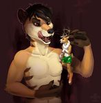  anthro antlers black_nose cervine clothed clothing deer duo fur hair horn hvost imminent_vore licking licking_lips male mammal meerkat mongoose size_difference tongue tongue_out topless vore 