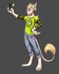  anthro bat clothed clothing fur hair hvost hybrid male mammal phone selfie simple_background smile solo standing 