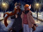  anthro beanie beverage canine clothed clothing duo hat hvost male mammal open_mouth outside scarf smile snow standing 