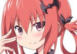  bat_hair_ornament blush eyebrows_visible_through_hair face fang fang_out gabriel_dropout hair_between_eyes hair_ornament hair_rings iwasi-r kurumizawa_satanichia_mcdowell looking_at_viewer pink_eyes portrait red_hair simple_background smile solo white_background 