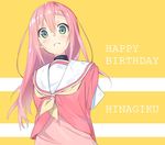  arms_behind_back bangs character_name commentary_request english green_eyes hair_between_eyes hair_ornament hairclip happy_birthday hayate_no_gotoku! katsura_hinagiku long_hair long_sleeves looking_at_viewer neckerchief parted_lips pink_hair school_uniform serafuku solo tunamayochan two-tone_background upper_body yellow_background 