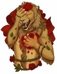  anthro fangs feline flower fur hair hvost lion looking_at_viewer male mammal nude open_mouth plant rose solo teeth 