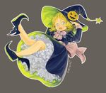  2015 black_dress black_footwear blonde_hair bloomers blue_eyes dress eyelashes full_body grey_background gundam hat hat_ornament jack-o'-lantern kaki2015 long_sleeves looking_at_viewer mobile_suit_gundam no_socks open_mouth petticoat pointy_shoes round_teeth sash sayla_mass shoes short_hair signature simple_background solo teeth underwear upskirt winged_shoes wings witch witch_hat younger 