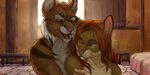 ambiguous_gender anthro bed canine duo feline fur hair hvost inside male mammal nude open_mouth smile tiger 