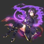  absurdres bandages black_background black_coat black_footwear black_gloves black_hair boots cat closed_mouth expressionless fingerless_gloves gloves hamericano highres long_hair looking_at_another magic maplestory ponytail purple_eyes thigh_boots thighhighs 