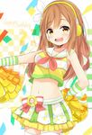  bad_id bad_pixiv_id birthday brown_hair cheerleader crop_top crop_top_overhang dorisu2 english happy_birthday headset highres kunikida_hanamaru long_hair looking_at_viewer love_live! love_live!_sunshine!! midriff navel open_mouth pom_poms round_teeth teeth yellow_eyes 