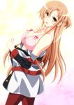  asuna_(sao) blush bra breasts brown_eyes brown_hair cleavage cowboy_shot gradient gradient_background highres ka2 large_breasts long_hair long_legs looking_at_viewer pantyhose pink_bra school_uniform shiny shiny_hair shiny_skin smile solo sword_art_online unbuttoned underwear 