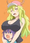  1girl :o ;d age_difference bare_shoulders baseball_cap blonde_hair blush breast_rest breasts breasts_on_head cleavage commentary_request covered_nipples dragon_girl dragon_horns gradient_hair half-closed_eyes hat horns kobayashi-san_chi_no_maidragon large_breasts long_hair looking_at_viewer magatsuchi_shouta multicolored_hair no_bra one_eye_closed open_mouth orange_background purple_eyes purple_hair quetzalcoatl_(maidragon) simple_background smile surprised sweatdrop tank_top upper_body wavy_mouth wide-eyed yellow_eyes 