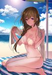  bad_id bad_yandere_id bangs bare_legs barefoot beach beach_mat beach_umbrella bikini blue_sky blush braid breasts brown_hair chromatic_aberration cleavage closed_mouth cloud cloudy_sky collarbone day eyebrows_visible_through_hair front-tie_bikini front-tie_top hair_between_eyes hair_over_shoulder hands_up hara_tsumoi highres holding holding_towel horizon kono_shima_ni_wa_midara_de_jaaku_na_mono_ga_sumu large_breasts lens_flare long_hair long_legs looking_at_viewer ocean outdoors purple_eyes resized side-tie_bikini side_braid sitting sky smile solo swimsuit tareme towel umbrella upscaled waifu2x wariza yoruto_haru 