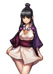  ayasato_mayoi bangs black_hair blunt_bangs blush brown_eyes closed_mouth collarbone commentary cowboy_shot gyakuten_saiban head_tilt highres japanese_clothes jungon_kim kimono kimono_skirt long_hair magatama obi sash sidelocks simple_background skirt_hold smile solo thighs very_long_hair white_background 