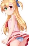  1girl ass blonde_hair blush breasts eyebrows eyebrows_visible_through_hair green_eyes hair_ornament hair_ribbon heterochromia highres long_hair looking_back lyrical_nanoha mahou_shoujo_lyrical_nanoha_strikers mahou_shoujo_lyrical_nanoha_vivid panties pantyshot pantyshot_(standing) red_eyes ribbon shiny shiny_hair shiny_skin simple_background skywalker0610 small_breasts solo standing striped striped_panties underwear upskirt vivio wavy_mouth white_background 